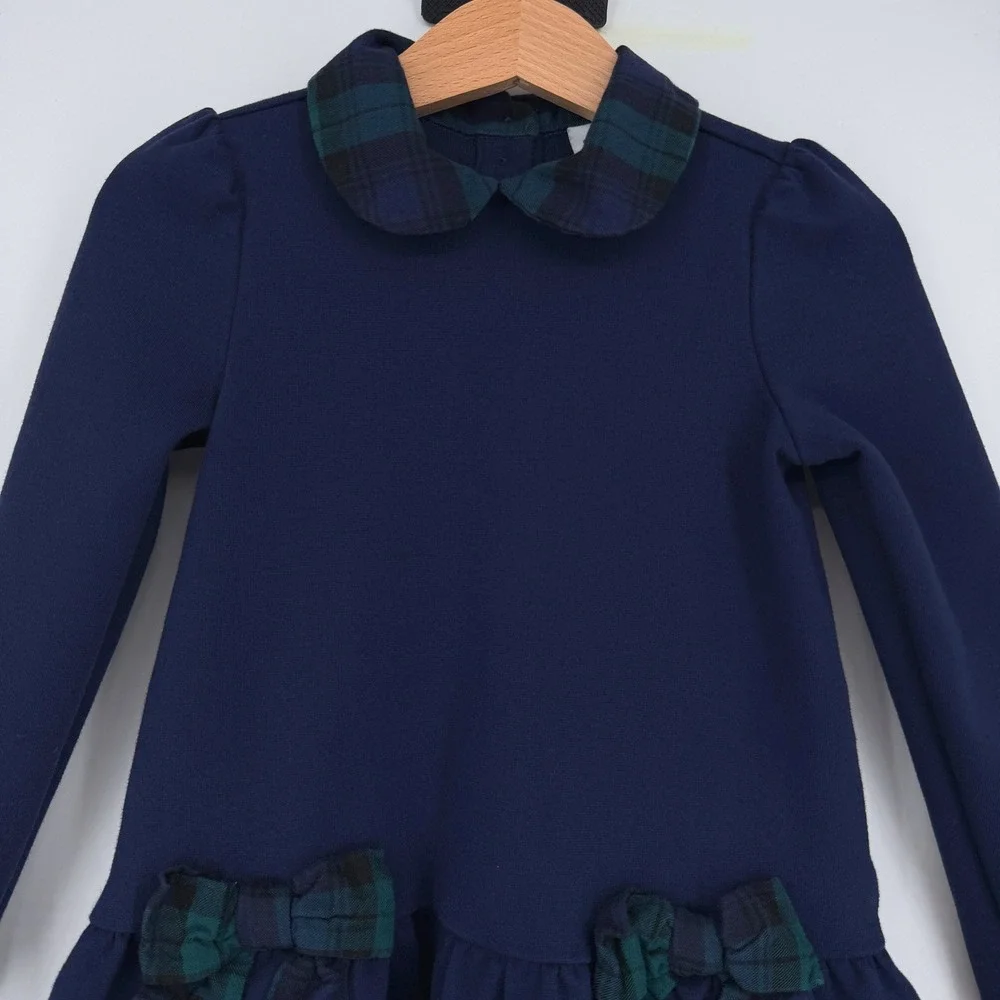 Janie and Jack Navy Blue Tartan Bow Ponte Dress‎ Long Sleeve Size 3
